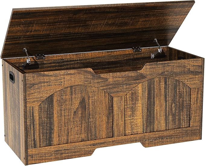 Storage Bench, 39.4" Retro Storage Trunk, Storage Chest with 2 Safety Hinges, U-Shaped Cut-Out Pull, Farmhouse Style, 39.4" x 15.7" x 18.3", Entryway Storage Bench, Supports 330 lb, Rustic Brown
