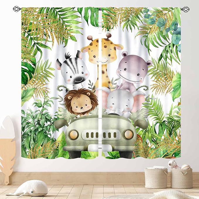 Jungle Safari Animals Curtains, Cartoon Animals Lion Giraffe Elephant Woodland Tropical Leaf Green Window Drapery for Kids Boys Girls Baby Living Room Bedroom Nursery 2 Panels, 42"x54" Inch