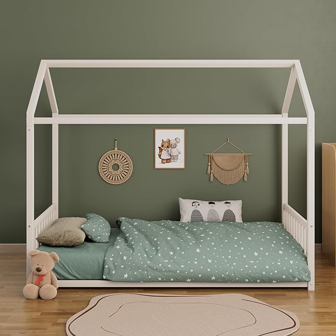 Montessori Style Metal Floor Bed Frame, House Shaped Bed with Vertical Safety Guardrails for Kids and Toddlers, Easy Assemble, No Slats, Twin Size, White