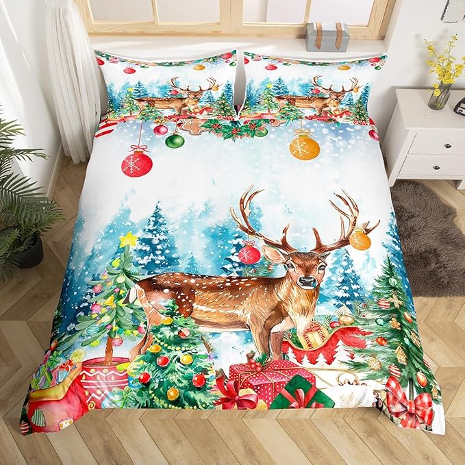 Manfei Merry Christmas Duvet Cover Queen Size,Watercolor Christmas Trees Gifts Wild Moose Super Soft Bedding Set for Boys Girls,Winter Happy New Year Comforter Cover Bedding 3 Piece (No Comforter)
