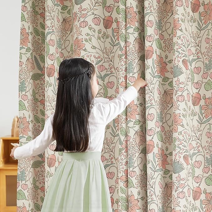 jinchan Nursery Curtains 95% Blackout Pink 72 Inch Long Floral Curtains for Girls Room, Farmhouse Drapes for Living Room Bedroom Darkening Window Treatment Grommet Top Set of 2 Panels