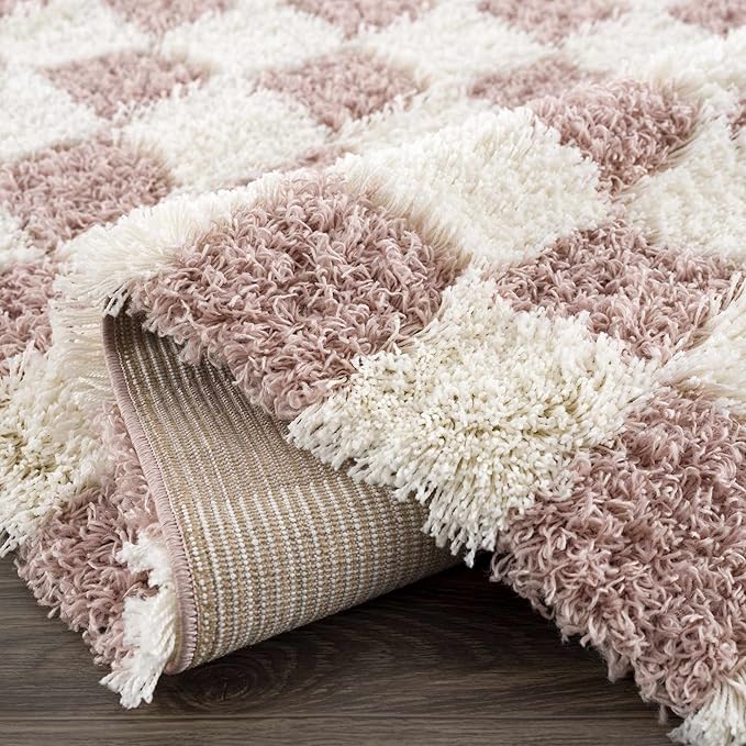 BoutiqueRugs Atira Modern Checkered Shag Area Rug - High Pile Fluffy Shaggy Carpet for Entryway, Living Room, Nursery, Playroom, Girls Boys Room - Pink, Cream, White, Blush, Rose - 4' x 6'