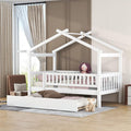 Merax Twin Size Wooden House Bed with Twin Size Trundle, Wood Bed Frame with Roof and Safety Guardrail for Kids, Teens, Boys or Girls, White
