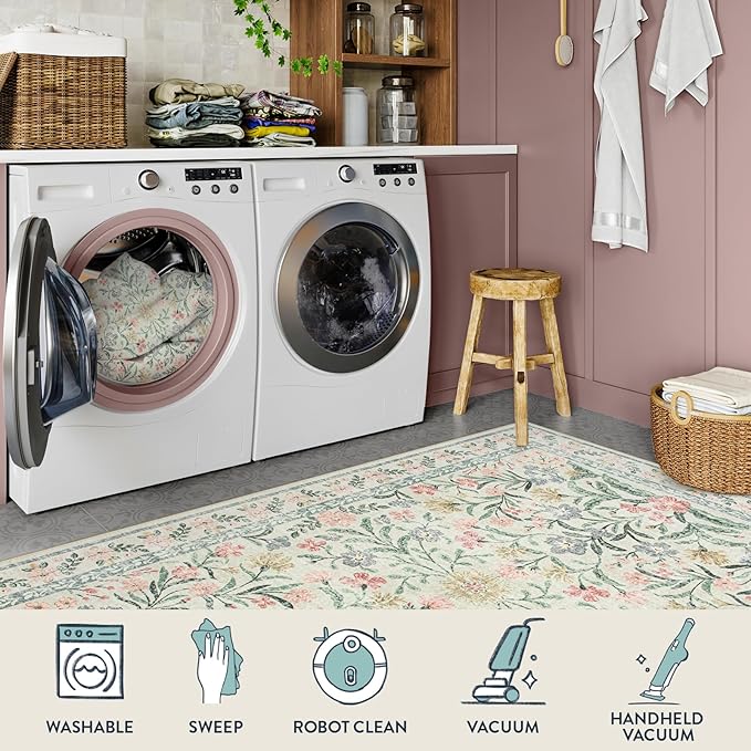 Lahome Boho Rugs for Living Room 5x7, Machine Washable Area Rugs Non-Slip, Vintage Floral Soft Kids Bedroom Carpet Rug for Home Girls Playroom Foyer Entryway, Beige/Multi