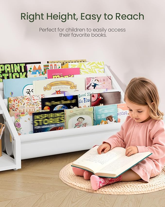Kids Bookshelf, Book Shelf for Kids Rooms, Toddler Bookshelf with 2 Open Shelves and 4-Tier Sling Rack, for Kid Room, Nursery, Bedroom, Playroom, White TCW16WB