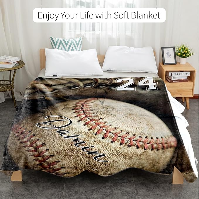 Personalized Baseball Blanket for Baby Boys and Girls - Soft and Fluffy Sport Blanket for Toddlers and Kids - Custom Name and Number Gift for Newborn(40"x50")