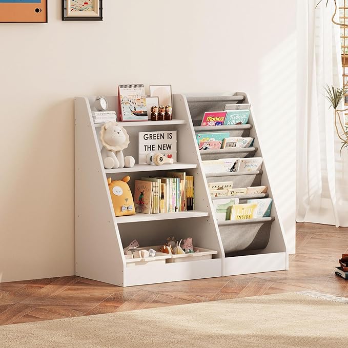 NACHES Montessori Kid Bookshelf White Toddler Bookcase Cabinet Children Book Rack Display Toy Storage Organizer 4 Tier 5 Sling Deep Sleeves Classroom Bedroom Nursery Playroom Wood (White)