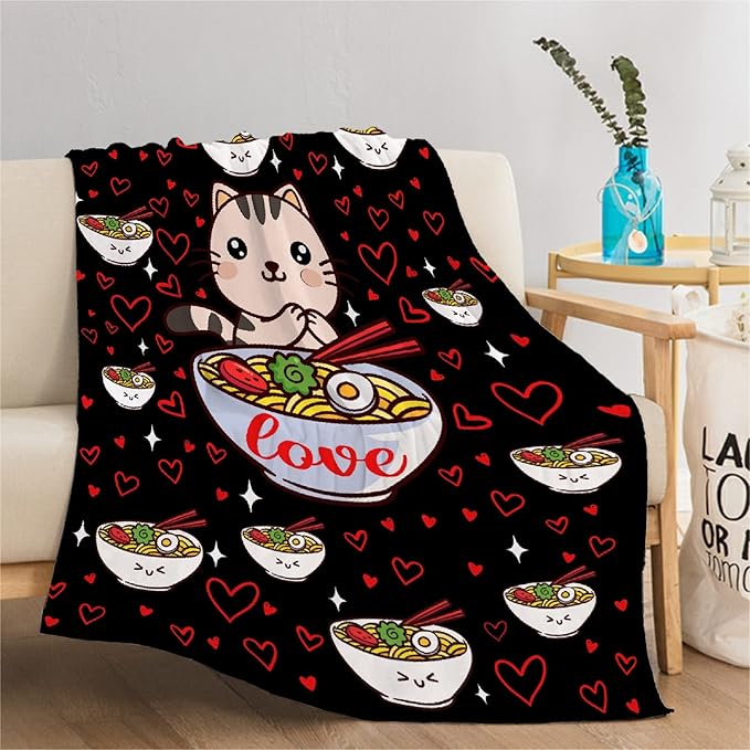 Thuswarm Kawaii Ramen Cat Red Heart Love Flannel Throw Blanket Warm Cozy Soft Funny Print Blankets for Bed Couch Sofa Room Decoration Gifts 60"×50" Medium for Teen