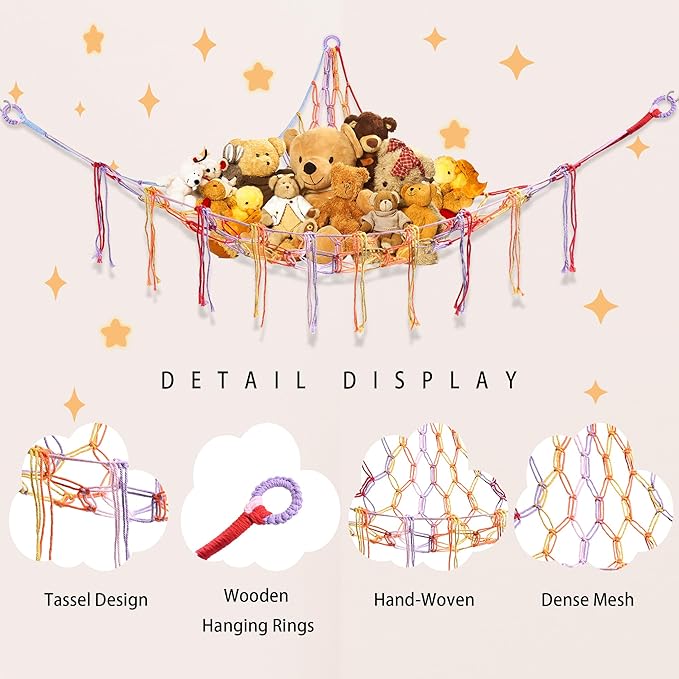 Stuffed Animal Hammock with LED Light, Large Stuffed Animals Storage Corner Plushie Net for Kids Room Decor, Rainbow