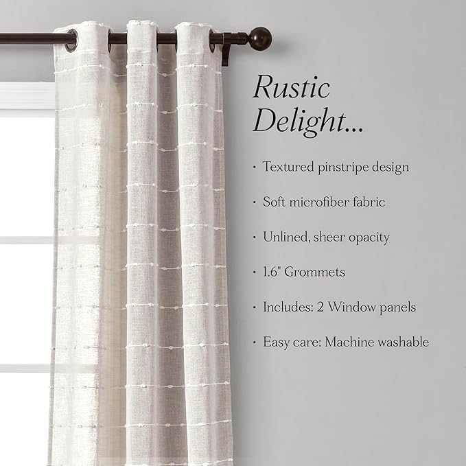 Lush Decor Farmhouse Textured Grommet Sheer Window Curtain Panel Pair, 38"W x 63"L, Beige