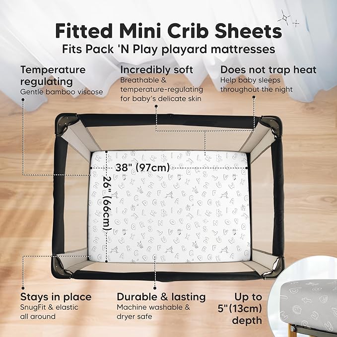Pack and Play Sheets Fitted - 2-Pack Mini Crib Sheets for Pack N Play Mattress 38x26, Soft & Cozy, Neutral Toddler Playard Bedding, Snug Fitted Mini Baby Crib Mattress Cover Boy, Girl (ABC Land)