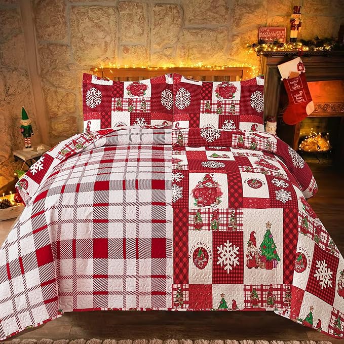 Gnome Christmas Quilt Bedding - King Size, Red Plaid, Holiday Lightweight Reversible Quilt Bedspread