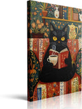 Funny Cute Black Cat Picture Wall Decor Framed Animal Reading Book Drinking Coffee Vintage Canvas Wall Art Rustic Flower Prints Poster Retro Floral Painting for Living Room Bathroom Bedroom (12"x16")