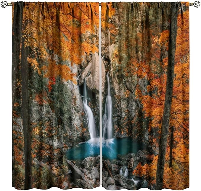 Autumn Waterfall Blackout Windows Curtains, Rustic Farmhouse Fall Forest Landscape Window Drapes, for Living Room Bedroom 52" W X 84" L