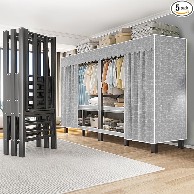 FPIGSHS Heavy Duty Clothes Rack with Cover Foldable Covered Clothes Rack for Hanging Clothes portable Wardrobe Closet System Freestanding Coat Storage Garment Racks for bedroom (grey, 95in)