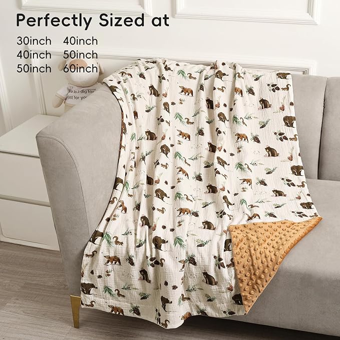 david's kids Muslin Minky Baby Blanket for Boys with Muslin Cotton Front and Dotted Fleece Backing, Breathable and Soft Lightweight Receiving Blanket for Newborns, 30x40 Inches, Woodland Animals