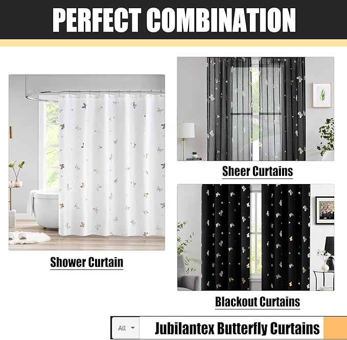 Jubilantex Black and Gold Butterfly Sheer Curtain Panels for Bedroom, Linen Textured Metallic Print Patterned Voile Rod Pocket Curtain Drapes 84 Inch Long for Bedroom, 2 Panels