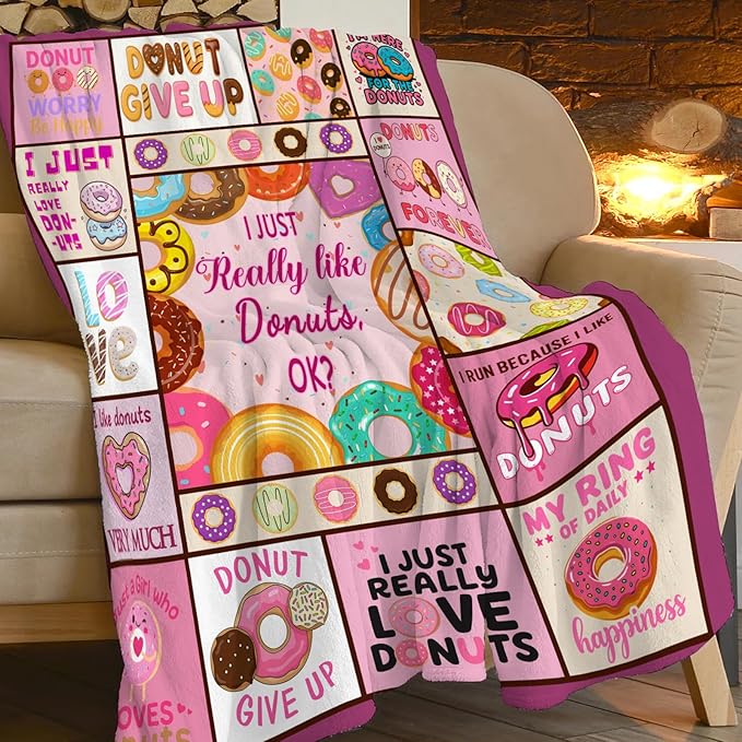 Pink Donut Fleece Blanket Dessert Doughnut Throw Blankets for Girls Boys Super Soft Warm Flannel Funny Food Throws Gifts for Men Women Cozy Fuzzy Plush Stuff Couch Bed Bedding Decor 50"x40"