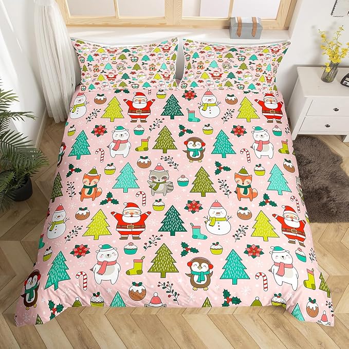 Manfei Christmas Duvet Cover Set Queen Size, Santa Claus Xmas Trees Animals Snowman Bedding Set 3pcs for Kids Girls, New Year Comforter Cover Soft Polyester Quilt Cover with 2 Pillowcases,No Comforter