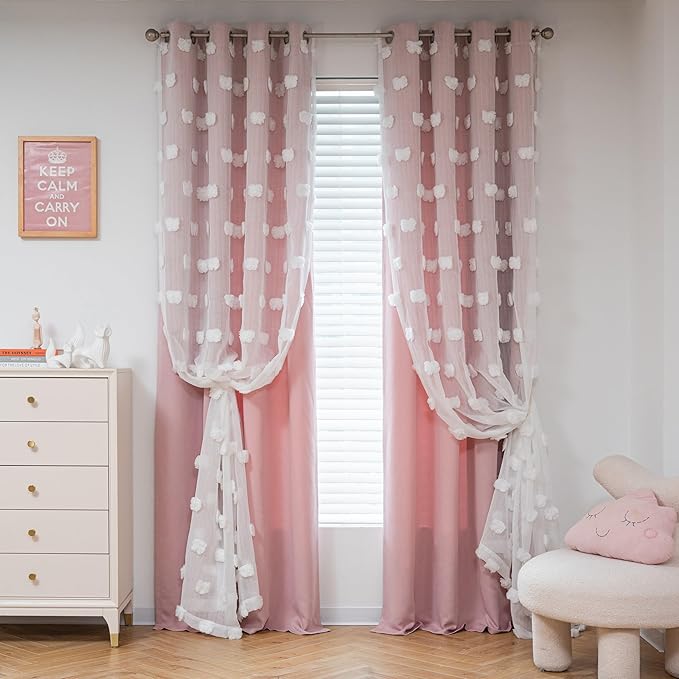 MYSKY HOME Light Blocking Pink Curtains White Sheer Pom Pom Kids Room Decor Drapes for Living Room 95 Inches Long Double Layer Curtains for Sliding Door Grommet Window Panels Set of 2 52" x 95"