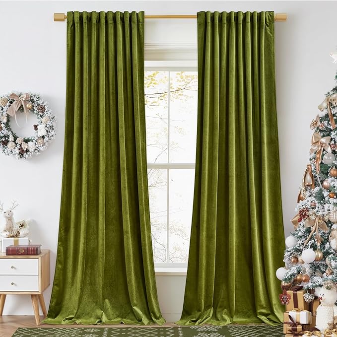 StangH Olive Green Velvet Curtains 120 inches Long Luxury Back Tab High Ceiling Window Drapes Room Darkening Privacy Protect for Living Dining Room, W52 x L120, 2 Panels