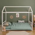 Harper & Bright Designs Full Size Montessori Floor Bed for Children, Metal House Bed Frame with Roof and Fence, Kids Floor Bed Frame for Boys Girls, Easy Assemble, No Slats,White