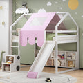 Playhouse Design Full Size Wood Loft Bed with Slide and Tent, Low Loft House Bed Frame with Storage Shelves and Removable Car-Shaped Staircase for Kids Teens Boys Girls Bedroom (White-PT)
