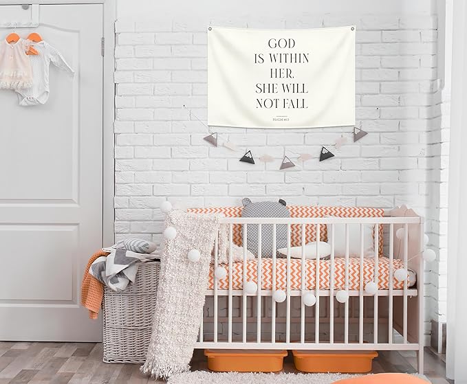 Christian Bible Verse Scripture Rectangular Banner Flag Wall Decor Gift for Baby Boy Girl Kids,Prayer Room Nursery Bedroom Reading Room Decor-God is Within Her She-Baby,Shower Birthday Christmas Gift