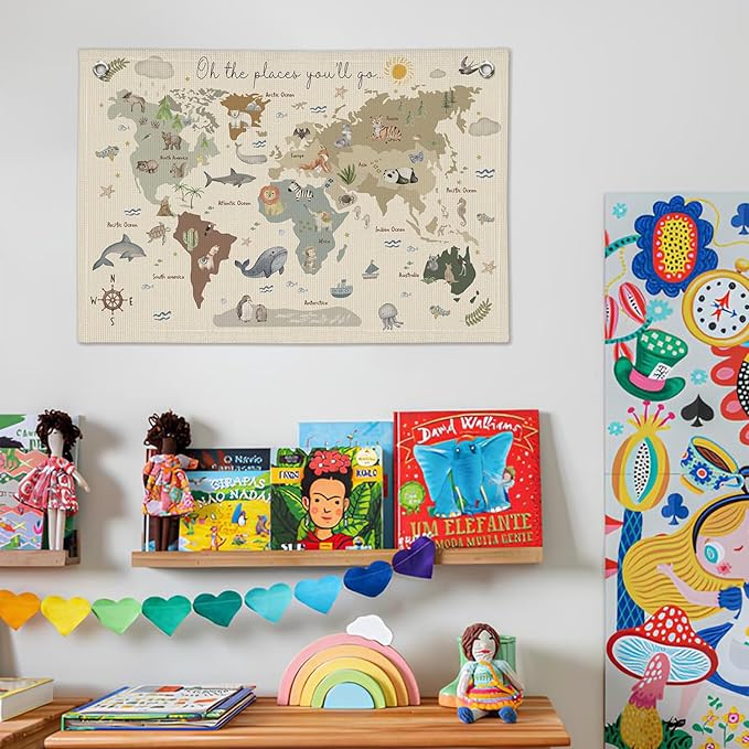 Wheatwin World Map for Kids, World Maps Banner for Playroom Wall 20x30, World Map Cute Wall Hanging Decor Banner Flag for Playroom Nursery Classroom Boys Girls Kids Room Prints