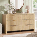 Angel Sar 55" Modern Fluted 6 Drawer Dresser for Bedroom, Wooden Bedroom Dresser with Arched Tabletop, Wave Pattern Design & Gold Handles, Closet Chest of Drawers for Clothes Storage, Natural Wood