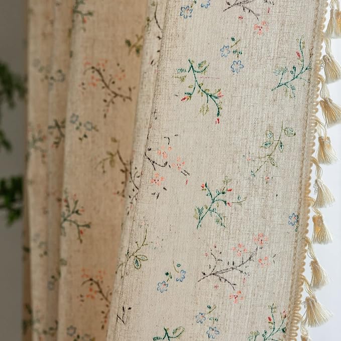 ENJOYBRIDAL Floral Boho Curtains 4 Panels Short 63 Inch Curtains Patterned Semi Sheer Living Room Drapes Farmhouse Bohemian Window Curtain Panels with Tassel Beige Rod Pocket Bedroom Drapes