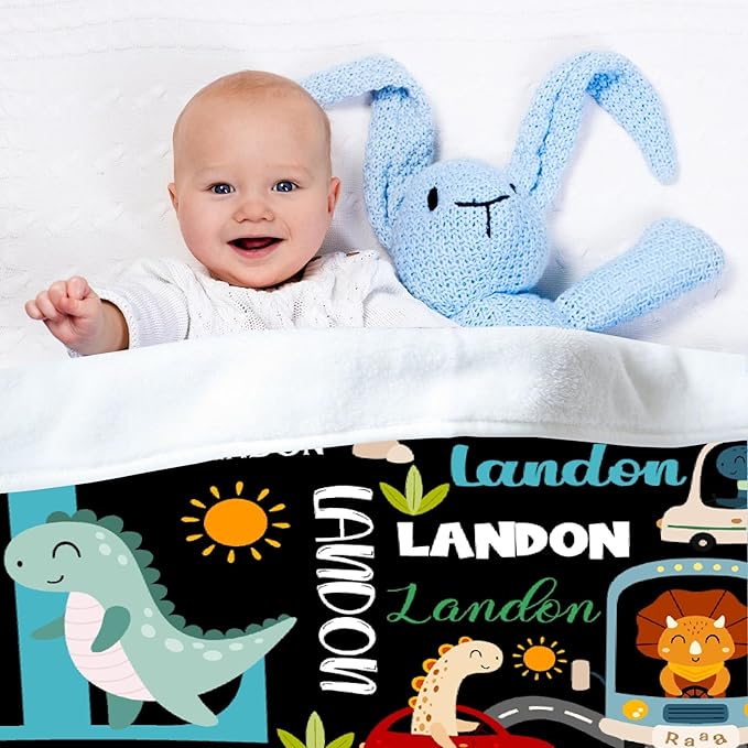 Personalized Dinosaur Preschool Blanket for Toddler Kids Boys with Name - Super Soft Lightweight Customized Dino Truck Baby Crib Fleece Sheets Decor for Couch Girls - Custom Dinosaur Gifts - 30" X 40"