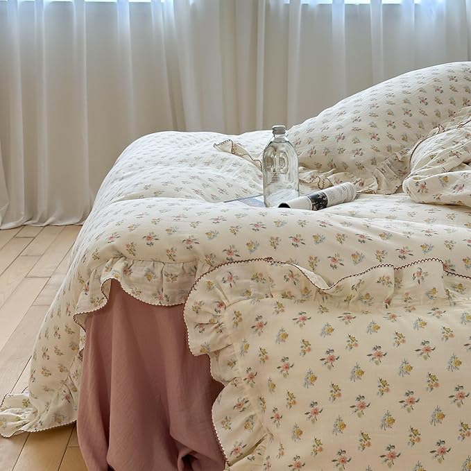 BuLuTu 100% Cotton Muslin Duvet Cover Twin for Kids Girls Boys, Shabby Chic Azalea Floral Duvet Covers Vintage Farmhouse Comforter/Quilt Cover with Ruffles, 68"x86", Zipper Closure, No Pillow