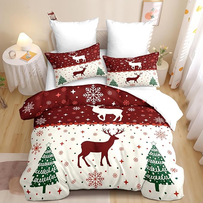 Christmas Duvet Cover Full Size Red Bow Deer Bedding Set 3 Pcs Kids Boys Girls Xmas Christmas Tree Comforter Cover with Zipper Closure (No Comforter)