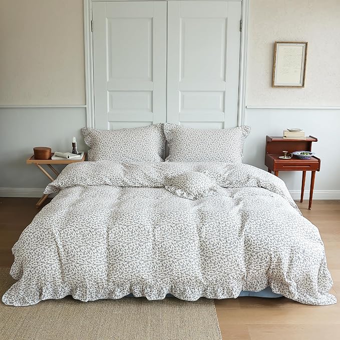 BuLuTu Vintage Blue Floral Ruffles Duvet Cover King, Princess Bedding Comforter Cover, 100% Cotton Muslin Quilt Covers with Zipper, 90"x104", No Pillow, Soft Lightweight