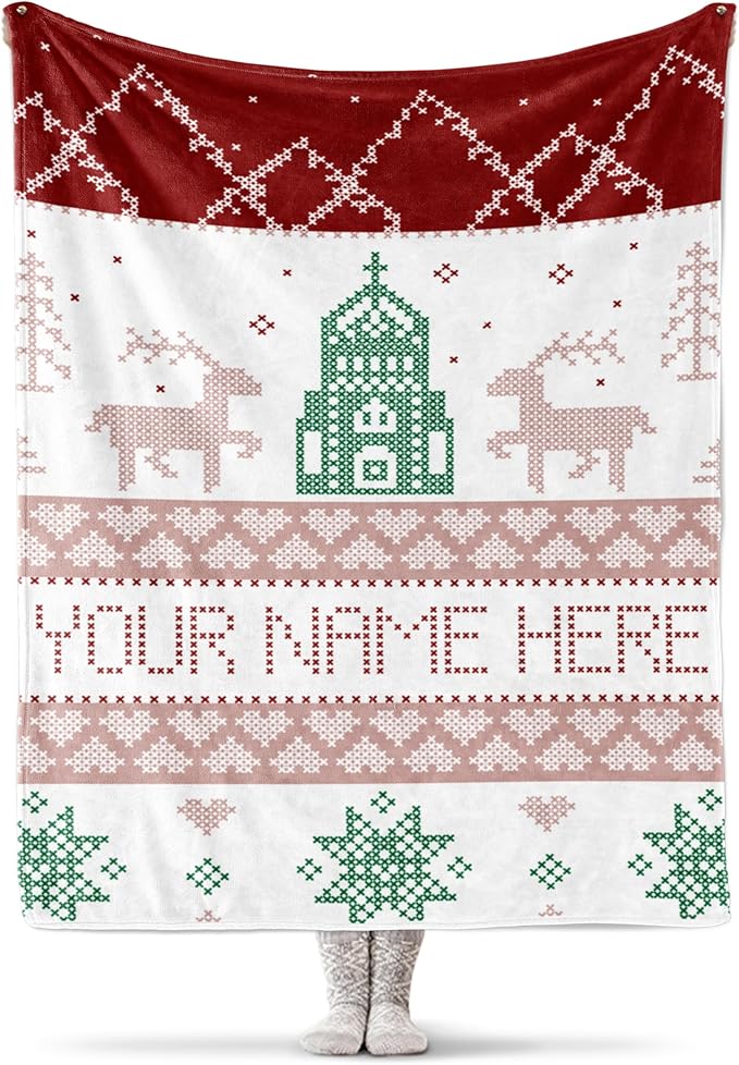 Personalized Christmas Stitch Style Blanket - Ships Next Day from USA - Fleece or Sherpa, Soft Sofa Throw, Customizable Family Throws, Holiday Home Decor, Cozy Christmas Bedding (Fleece 60x80)