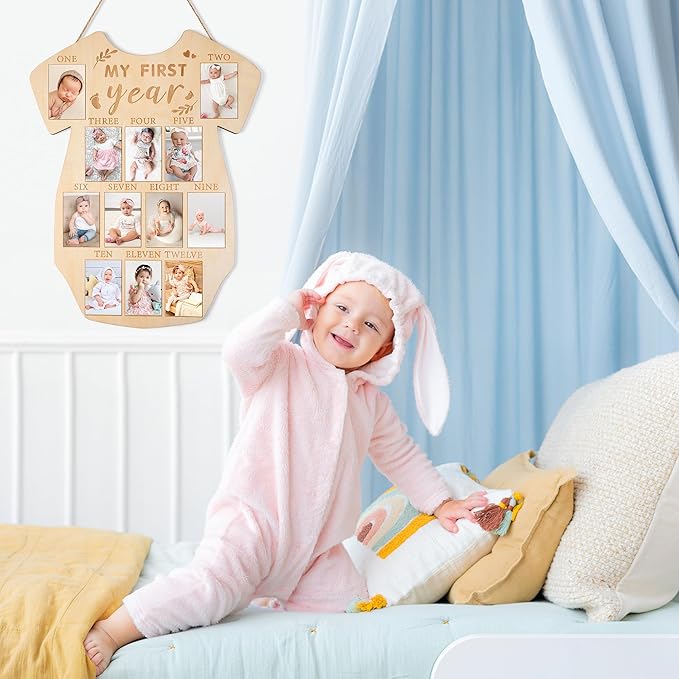 R HORSE My First Year Photo Display Wood Board, Baby’s First Year Picture Frame 12 Months Milestone Sign Bodysuit Shape 1st Birthday Photo Frame Baby Keepsake Board Nursery Decor Gift for Boy Girl