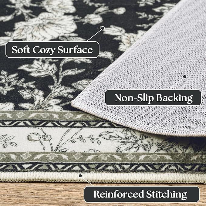 Black Floral Area Rug for Entryway 2x3 Washable Small Rug Low Pile Non Slip Distressed Entry Mat Soft Farmhouse Indoor Entrance Door Mat for Kitchen Bedroom Black with Beige Cream Taupe Floral Design