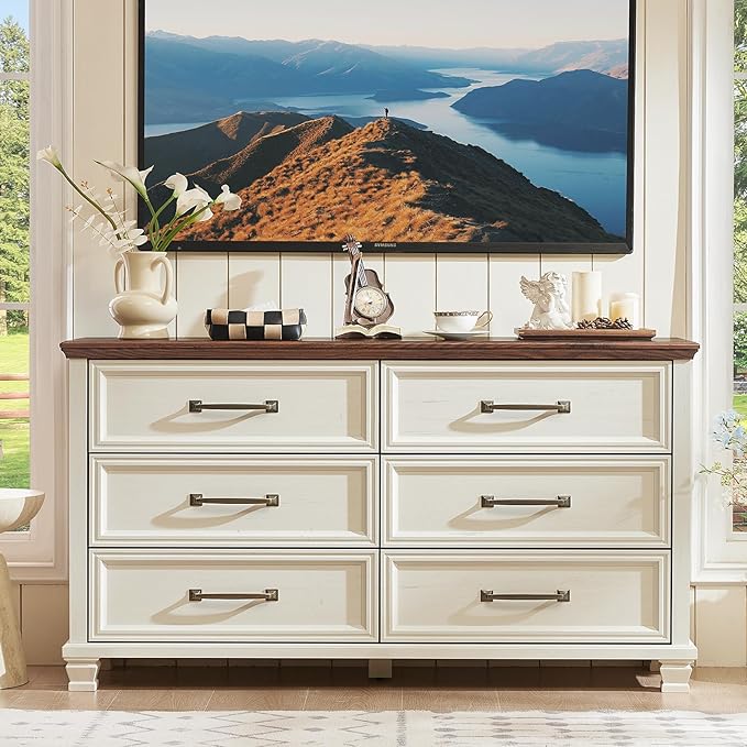 Farmhouse Bedroom Dresser and Nightstand Set of 4, 6 Drawer Tall & Low Dresser & 3 Drawer Nightstand Set with Wooden Legs, Rustic Wood Furniture Sets for Bedroom, Hallway, White