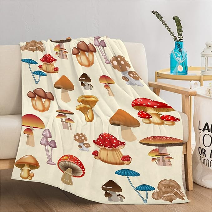 Thuswarm Colorful Wild Mushroom Flannel Blanket for Autumn Winter Gifts Warm Cozy Soft Funny Print Throw for Bed Couch Sofa 80”×60” Large for Adult