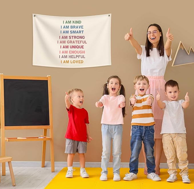Boho Rectangular Banner Flag Wall Sign Decor Gift for Baby Boy Girl Kids,Positive Nursery Classroom Above Crib Bedroom Playroom Reading Room Essential Wall Decor- Christmas Gift I am Kind I am Brave