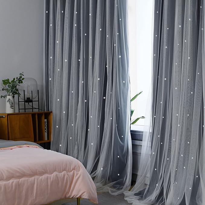 Kinryb Kids Blackout Curtains for Bedroom/Living Room/Classroom, Sheer Overlay 2 Free Tiebacks, Double Layer Curtains with Star Cutout for Kids Room(Each Piece W70xL95 Inches 2 Pcs Stone Blue)
