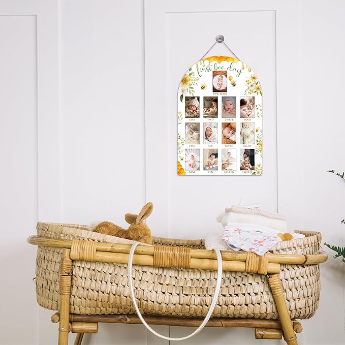 First Bee Day My First Year Photo Board, Bee Baby Milestone Signs for Boys Girls Nursery Decor, 12 Month Wooden Picture Board for 2x3 Photos, Best Babies Keepsake Gifts-A18