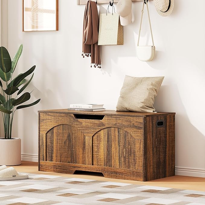 Storage Chest, 31.5" Storage Bench with 2 Safety Hinges, Farmhouse Style, 31.5 x 15.7 x 18.3 Inches, U-Shaped Opening for Entryway, Bedroom, Living Room, Supports 330 lb, Rustic Brown