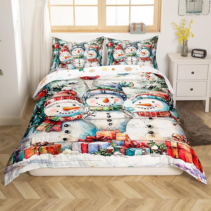 Cartoon Snowman Duvet Cover Set King Size,Xmas Tree Winter Snow Merry Christmas Bedding Set,Boys Girls Room Decor,Wooden Plank Rustic Comforter Cover,White Quilt Cover,2 Pillowcases,No Comforter