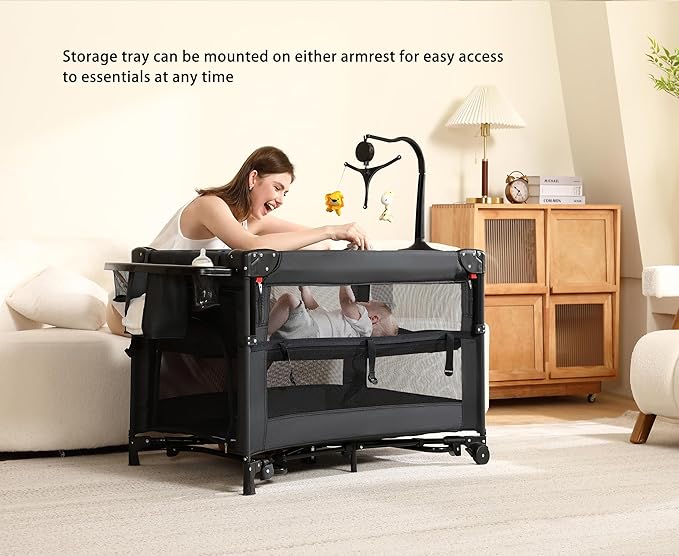Pack and Play, 5 in 1 Baby Playard – Portable Crib, Bassinet, Bedside Sleeper, Changing Table & Playpen | Breathable Mesh | Safe & Foldable for Newborns to Toddlers (Black)