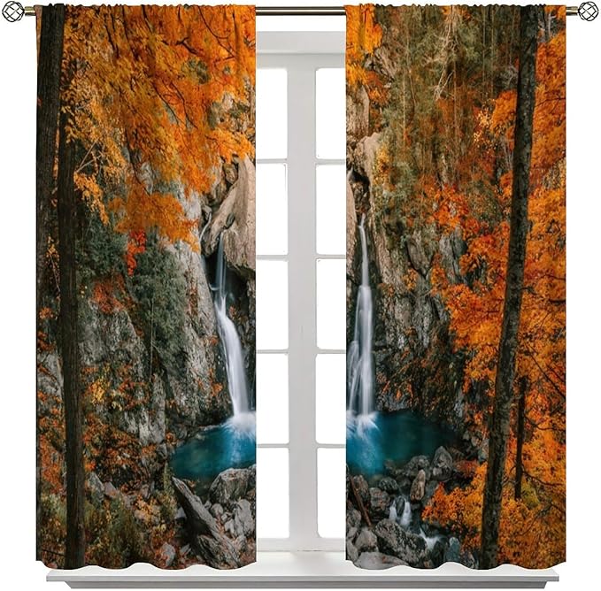 Autumn Waterfall Blackout Windows Curtains, Rustic Farmhouse Fall Forest Landscape Window Drapes, for Living Room Bedroom 84" W X 84" L
