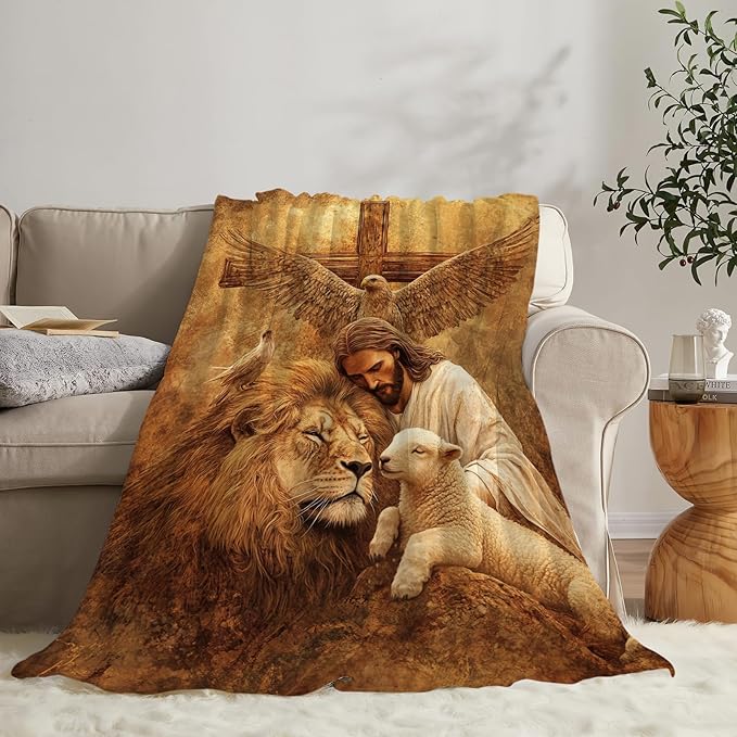 Jesus Blanket Lion Lamb Throws Christian Cross Print Plush Fuzzy Fleece Blankets Gifts for Girls Boys Women Super Soft Warm Cozy God Eagle Stuff for Men Women Couch Bed Sofa Bedding Decor 60"x50"