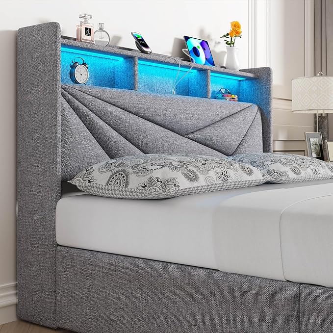 LED Queen Bed Frame with 4 Storage Drawers, Upholstered Bed Frame Queen Size with 2-Tier Headboard and Charging Station, No Box Spring Needed, Easy to Assembly - Light Grey