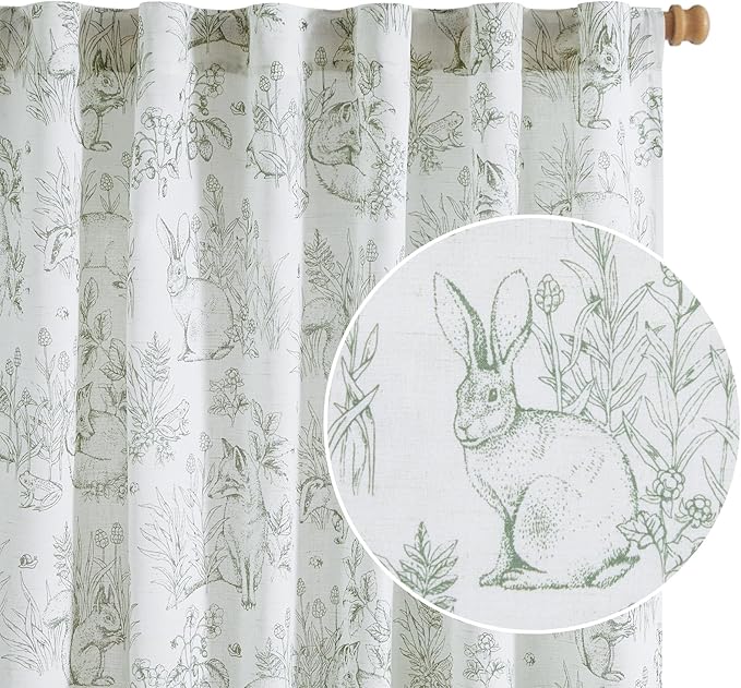 jinchan Linen Nursery Curtains 84 inch Long Woodland Wildlife Sage Green Print Drapes for Kid's Room Light Filtering French Country Farmhouse Curtains with Bunny and Forest Design Set of 2 Panels